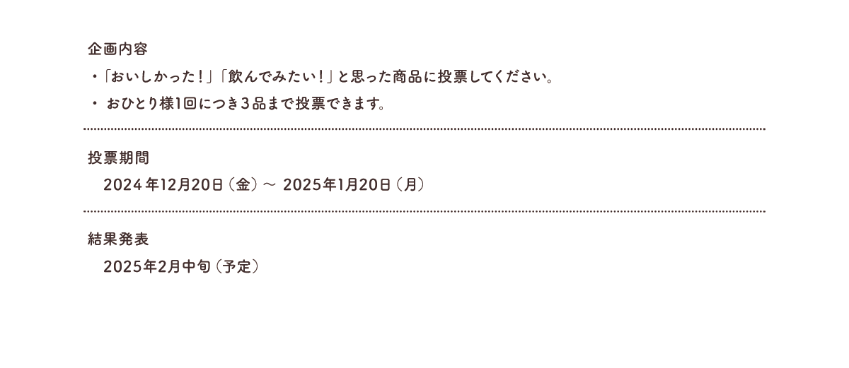 企画内容 ・「おいしかった！」「飲んでみたい！」と思った商品に投票してください。 ・ おひとり様1回につき３品まで投票できます。 2024年12月20日（金）～2025年1月20日（月） 結果発表：2025年2月中旬（予定）
